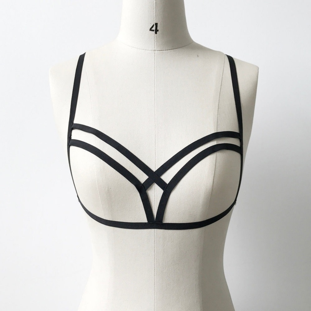Black Strappy Harness Cage Bra Bralette O/S - Picture 2 of 6
